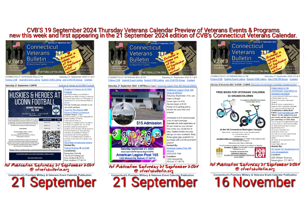 CVB’S 19 September 2024 Thursday Veterans Calendar Preview of Veterans Events & Programs featured image