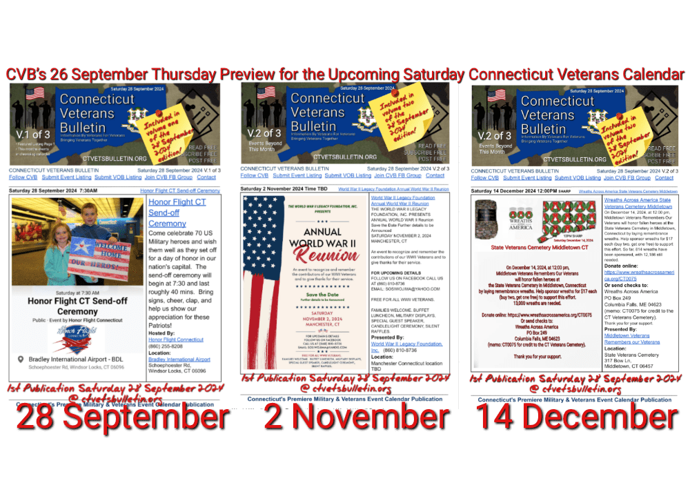 CVB’s 26 September Thursday Preview of the Connecticut Veterans Calendar