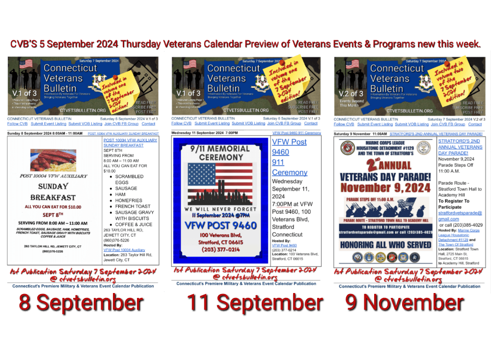 CVB’S 5 September 2024 Thursday Veterans Calendar Preview of Veterans Events & Programs new this week featured image