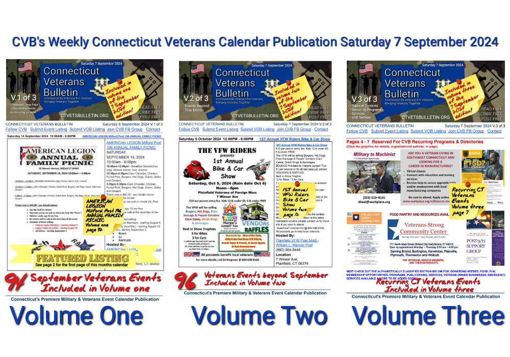 CVB's Weekly Connecticut Veterans Calendar Publication Saturday 7 September 2024 featured image