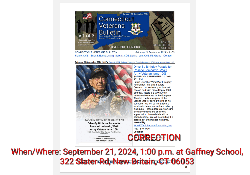 Drive-by Birthday Parade for Rosario Lombardo, WWII Army Veteran turns 100 featured image