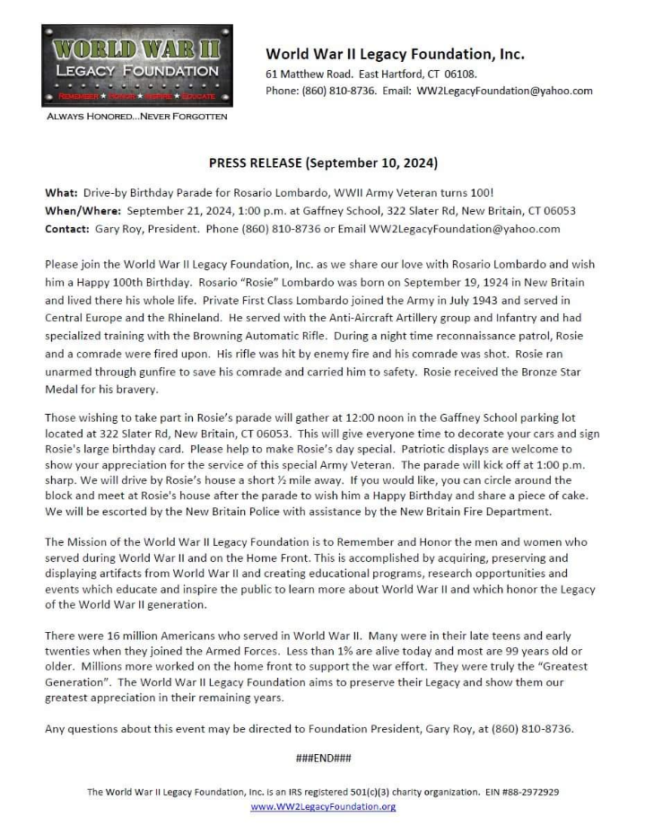 Drive-by Birthday Parade for Rosario Lombardo, WWII Army Veteran turns 100 press release