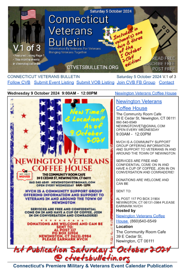 Newington Veterans Coffee House new time & location as of 9 October 2024
