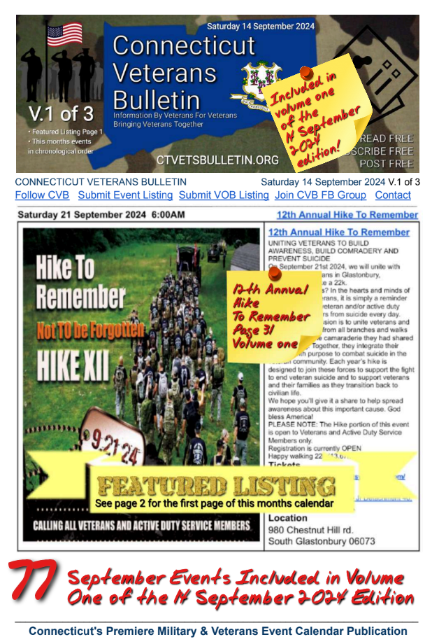 V1 CVB's Weekly Connecticut Veterans Calendar Publication Saturday 14 September 2024 featured listing