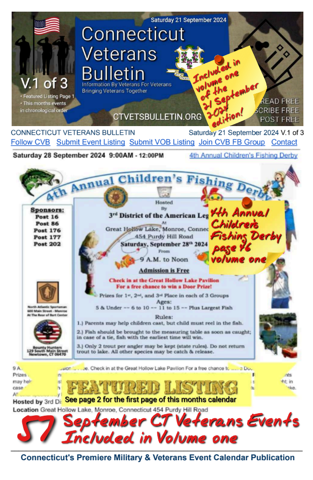 V1 CVB's Weekly Connecticut Veterans Calendar Publication Saturday 21 September 2024 featured listing