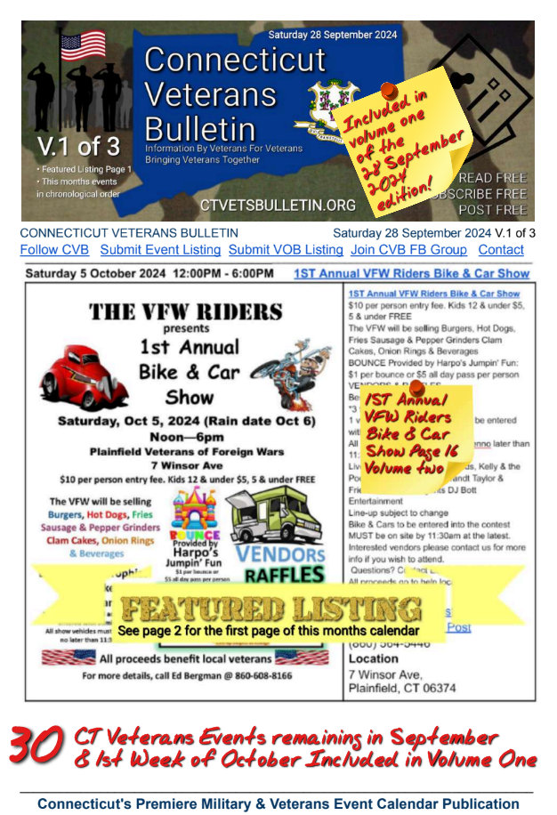 V1 CVB's Weekly Connecticut Veterans Calendar Publication Saturday 28 September 2024 featured listing 1ST Annual VFW Riders Bike & Car Show