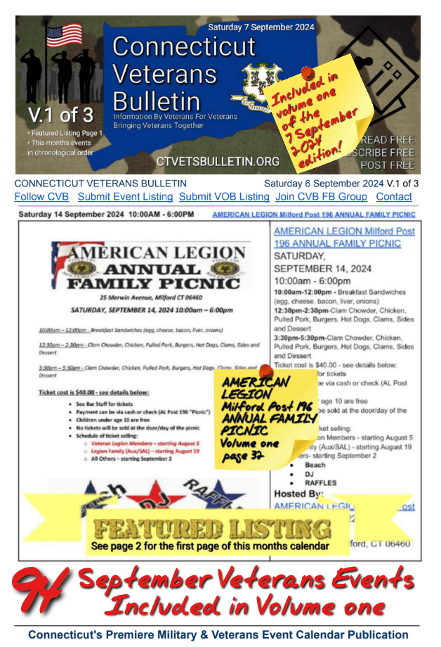 V1 CVB's Weekly Connecticut Veterans Calendar Publication Saturday 7 September 2024 Featured Listing