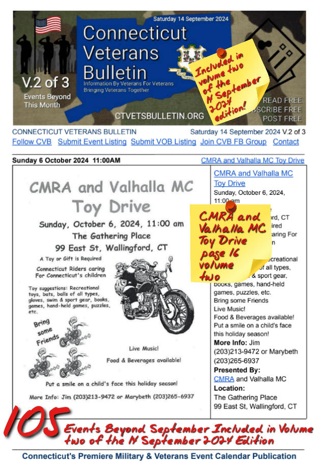 V2 CVB's Weekly Connecticut Veterans Calendar Publication Saturday 14 September 2024 featured listing