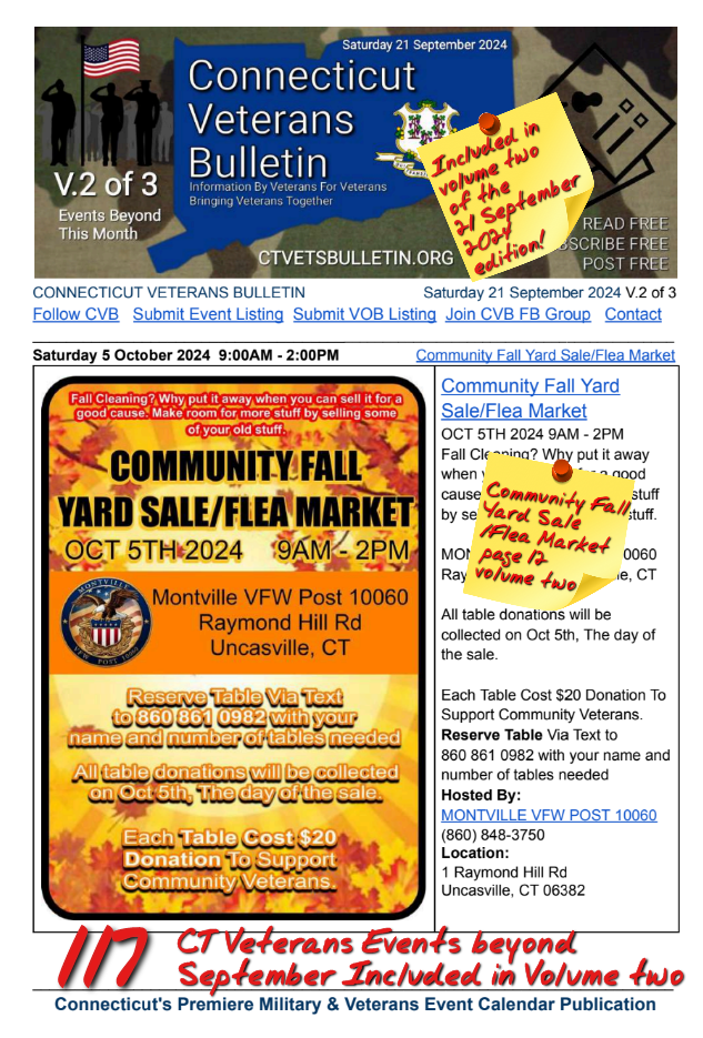 V2 CVB's Weekly Connecticut Veterans Calendar Publication Saturday 21 September 2024 featured listing Community Fall YardSale-Flea Market