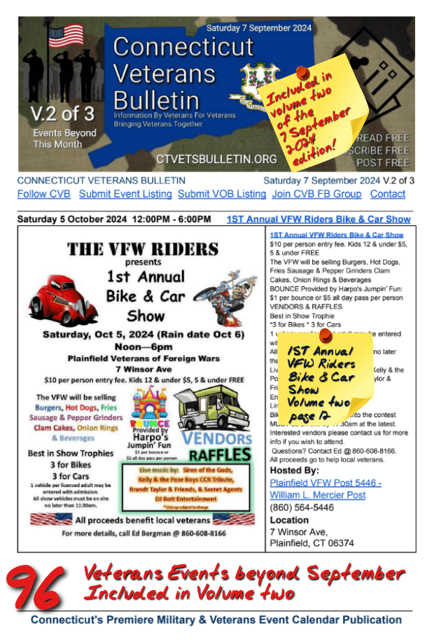 V2 CVB's Weekly Connecticut Veterans Calendar Publication Saturday 7 September 2024 featured listing 1ST Annual VFW Riders Bike & Car Show