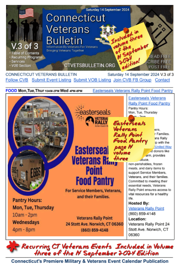 V3 CVB's Weekly Connecticut Veterans Calendar Publication Saturday 14 September 2024 Featured Listing Easterseals Veterans Rally Point Food Pantry