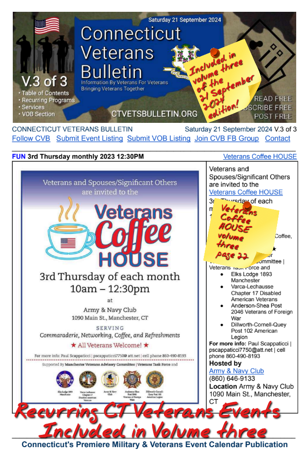 V3 CVB's Weekly Connecticut Veterans Calendar Publication Saturday 21 September 2024 featured listing Veterans Coffee HOUSE