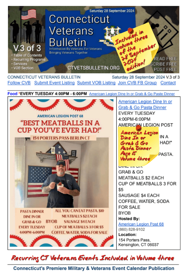 V3 CVB's Weekly Connecticut Veterans Calendar Publication Saturday 28 September 2024 featured listing American Legion Dine In or Grab & Go Pasta Dinner