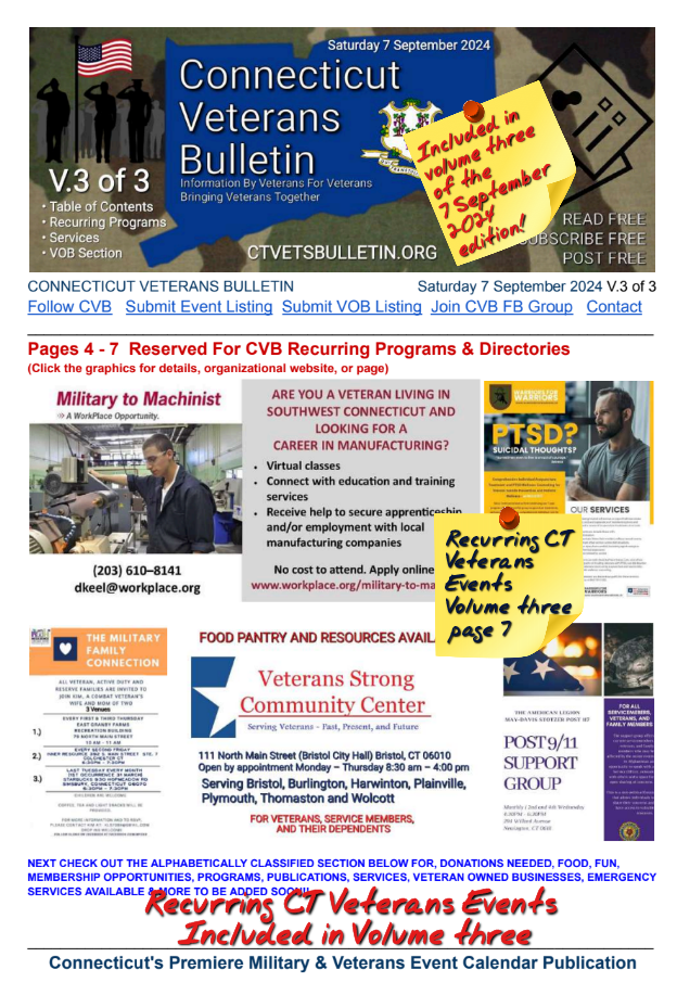 V3 CVB's Weekly Connecticut Veterans Calendar Publication Saturday 7 September 2024 featured page
