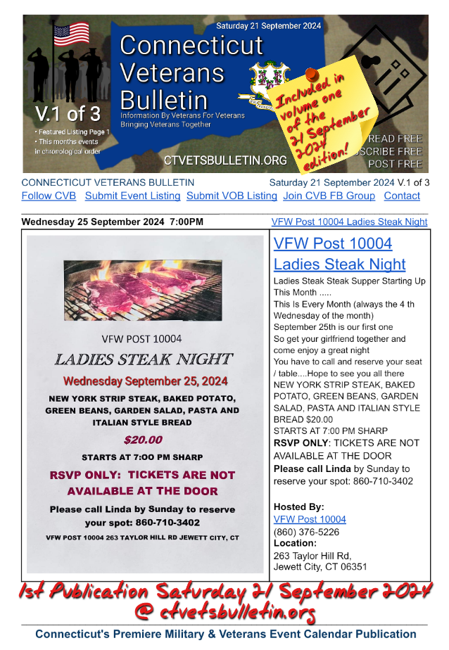 VFW Post 10004 Ladies Steak Night 25 September 2024