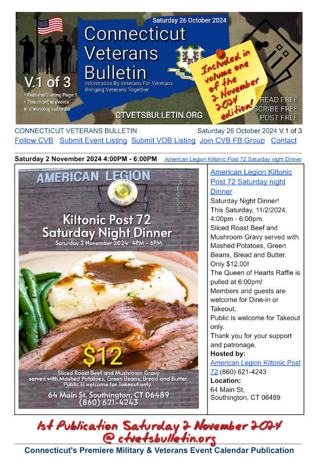 American Legion Kiltonic Post 72 Saturday night Dinner