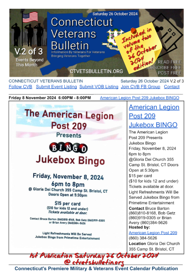 American Legion Post 209 Jukebox BINGO 8 November 2024