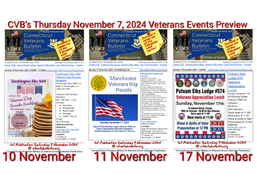 CVB’s Thursday November 7, 2024 Veterans Events Preview for the Upcoming Saturday Connecticut Veterans Calendar featured image