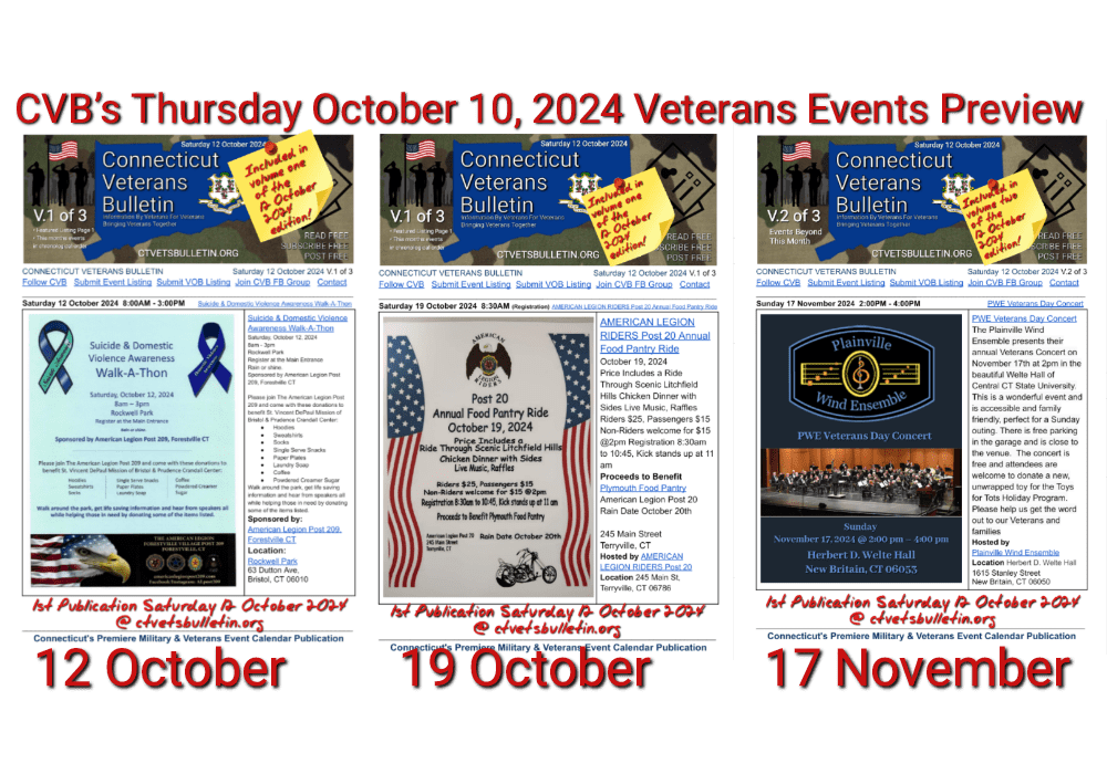 CVB’s Thursday October 10, 2024 Veterans Events Preview for the Upcoming Saturday Connecticut Veterans Calendar featured image