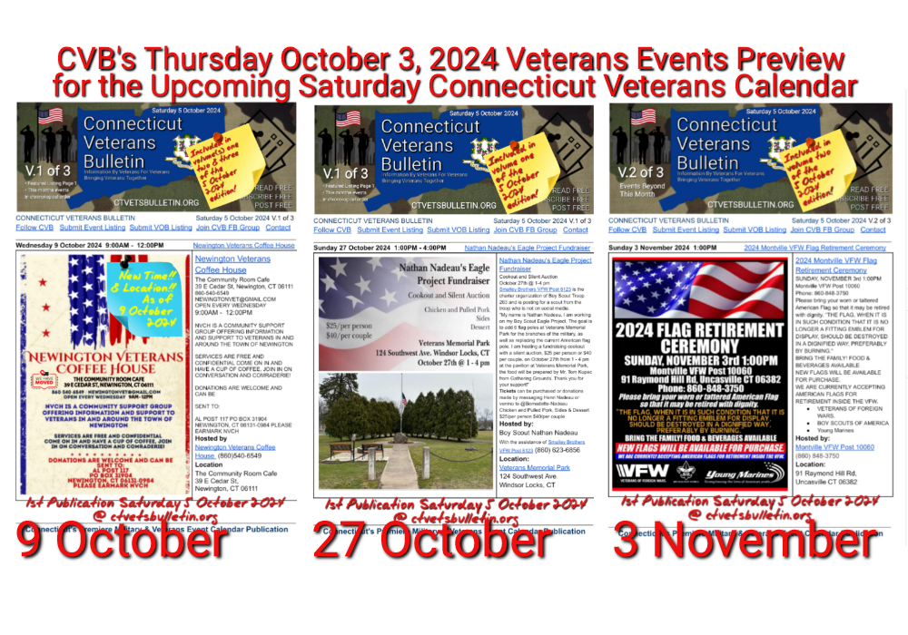 CVB's Thursday October 3, 2024 Veterans Events Preview for the Upcoming Saturday Connecticut Veterans Calendar featured image