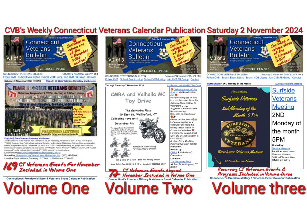 CVB's Weekly Connecticut Veterans Calendar Publication Saturday 2 November 2024 featured image
