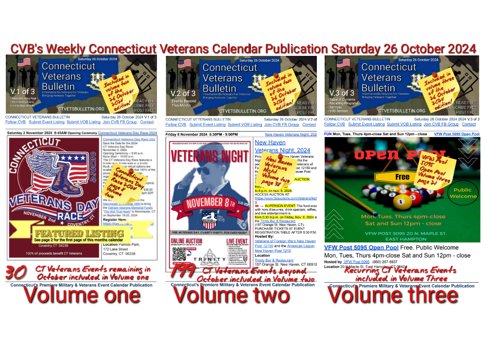 CVB's Weekly Connecticut Veterans Calendar Publication Saturday 26 October 2024 featured image