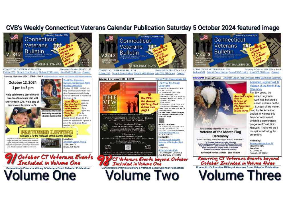 CVB's Weekly Connecticut Veterans Calendar Publication Saturday 5 October 2024 featured image