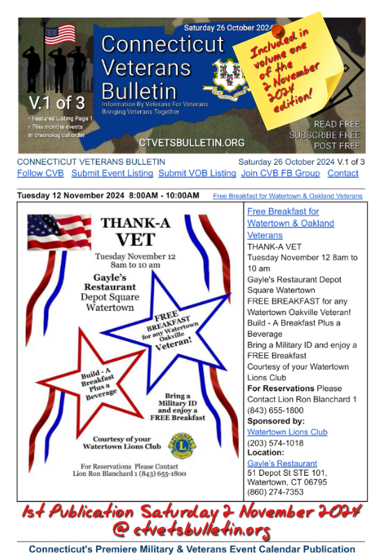 Free Breakfast for Watertown & Oakland Veterans