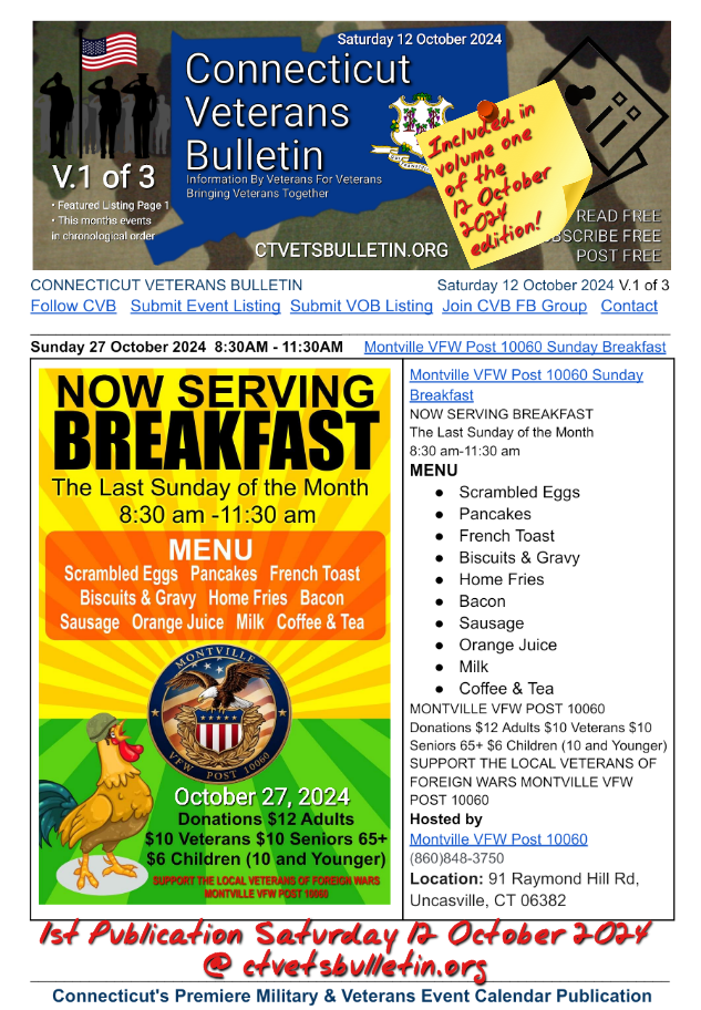 Montville VFW Post 10060 Sunday Breakfast 27 October 2024