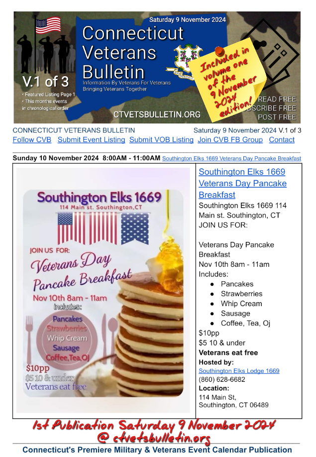 Southington Elks 1669 Veterans Day Pancake Breakfast