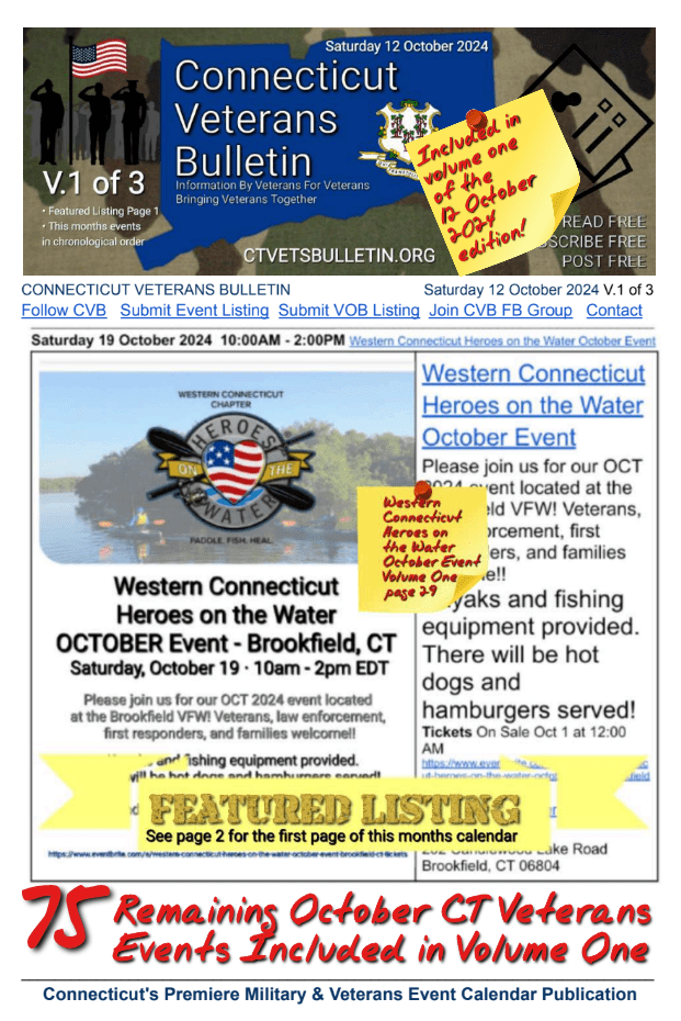V1 CVB's Weekly Connecticut Veterans Calendar Publication Saturday 12 October 2024 featured listing