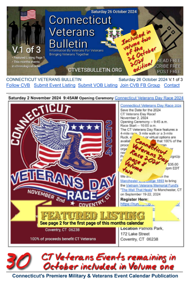 V1 CVB's Weekly Connecticut Veterans Calendar Publication Saturday 26 October 2024 featured listing Connecticut Veterans Day Race 2024