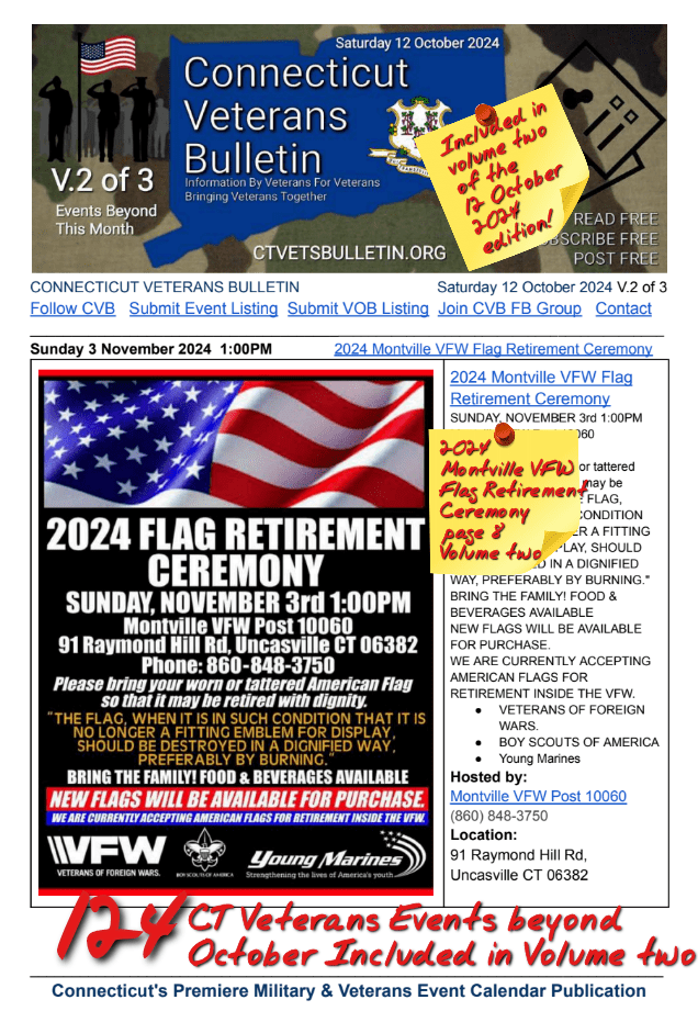 V2 CVB's Weekly Connecticut Veterans Calendar Publication Saturday 12 October 2024 featured listing
