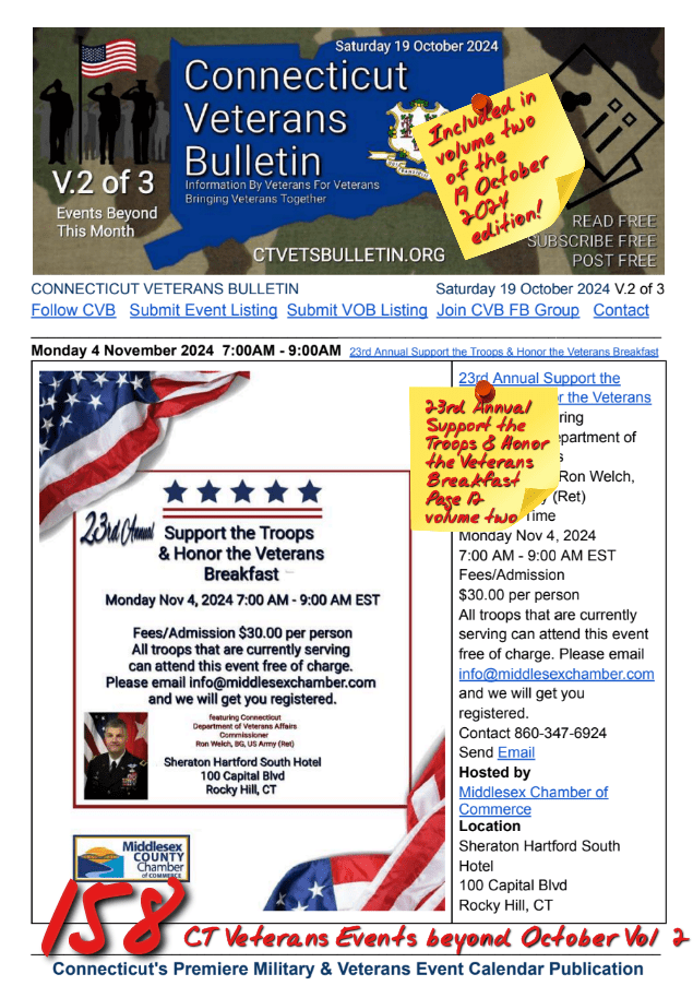V2 CVB's Weekly Connecticut Veterans Calendar Publication Saturday 19 October 2024 featured listing 23rd Annual Support The troops & Honor the Veterans Breakfast