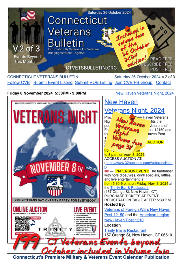 V2 CVB's Weekly Connecticut Veterans Calendar Publication Saturday 26 October 2024 featured listing New Haven Veterans Night