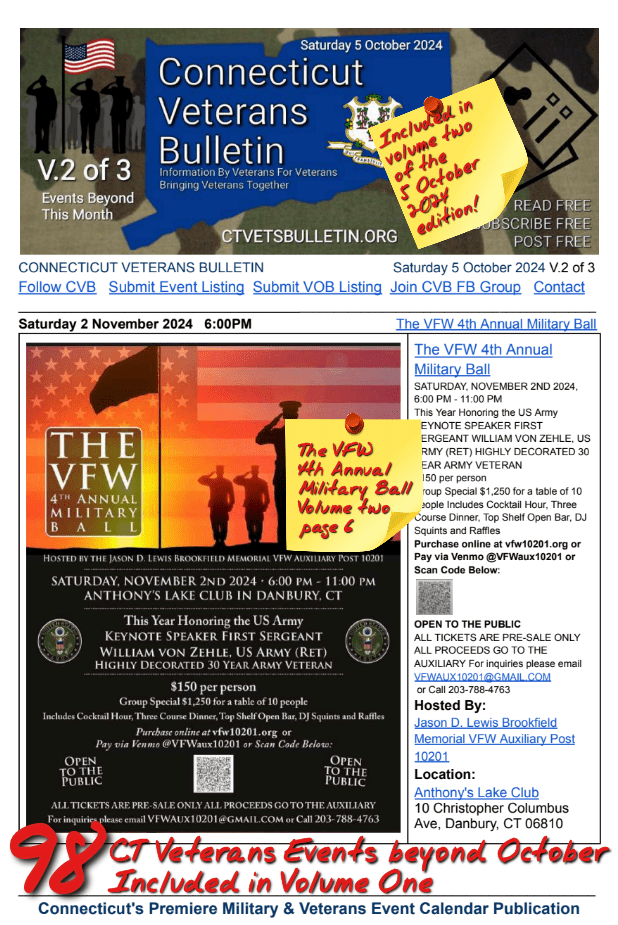 V2 CVB's Weekly Connecticut Veterans Calendar Publication Saturday 5 October 2024 featured listing The VFW 4th AnnualMilitary Ball