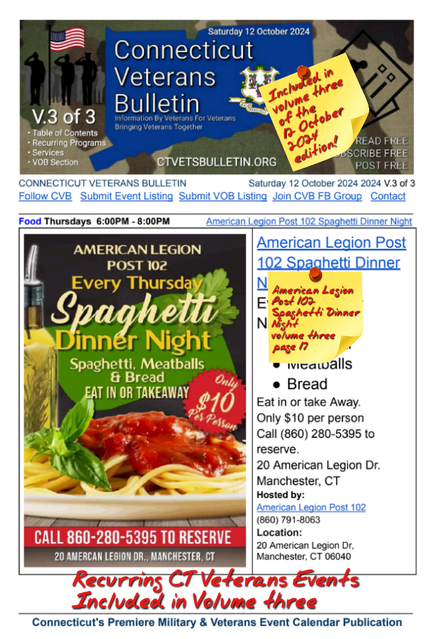 V3 CVB's Weekly Connecticut Veterans Calendar Publication Saturday 12 October 2024 featured listing American Legion Post102 Spaghetti DinnerNightEvery