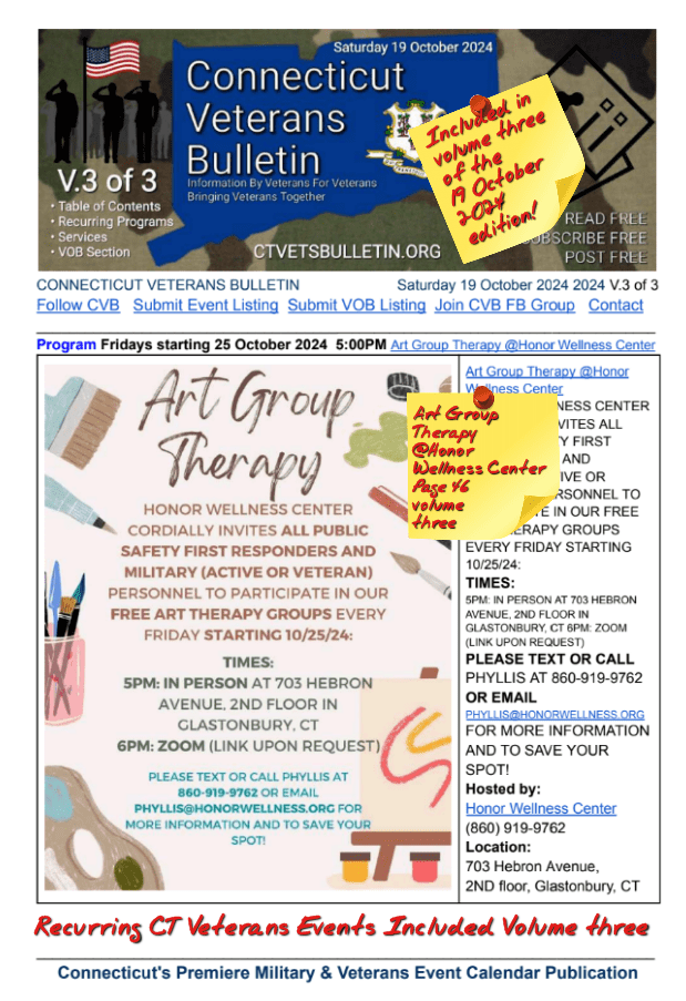 V3 CVB's Weekly Connecticut Veterans Calendar Publication Saturday 19 October 2024 featured listing Art Group Therapy @Honor Wellness Center