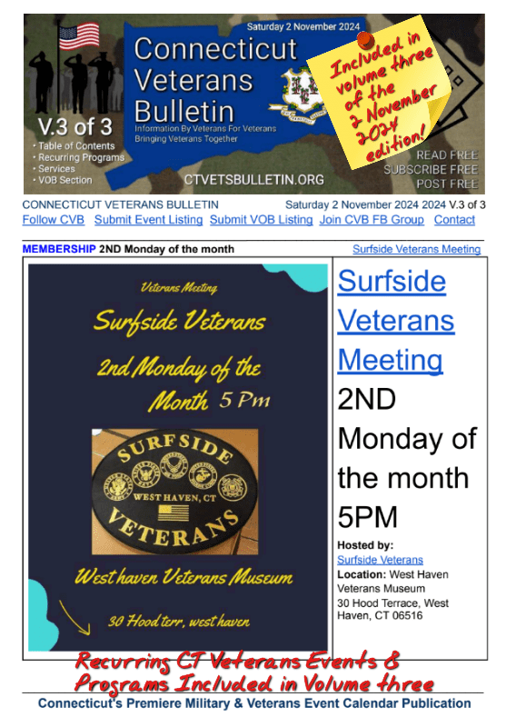 V3 CVB's Weekly Connecticut Veterans Calendar Publication Saturday 2 November 2024 featured listing Surfside Veterans Meeting