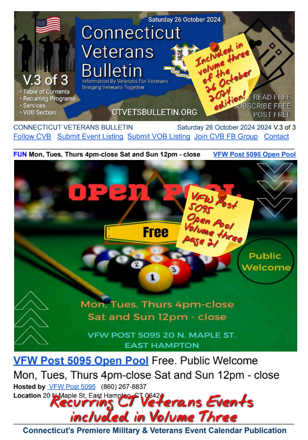 V3 CVB's Weekly Connecticut Veterans Calendar Publication Saturday 26 October 2024 featured listing VFW Post 5095 Open Pool