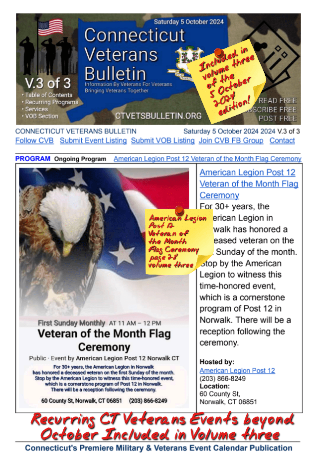V3 CVB's Weekly Connecticut Veterans Calendar Publication Saturday 5 October 2024 featured listing American Legion Post 12Veteran of the Month FlagCeremony