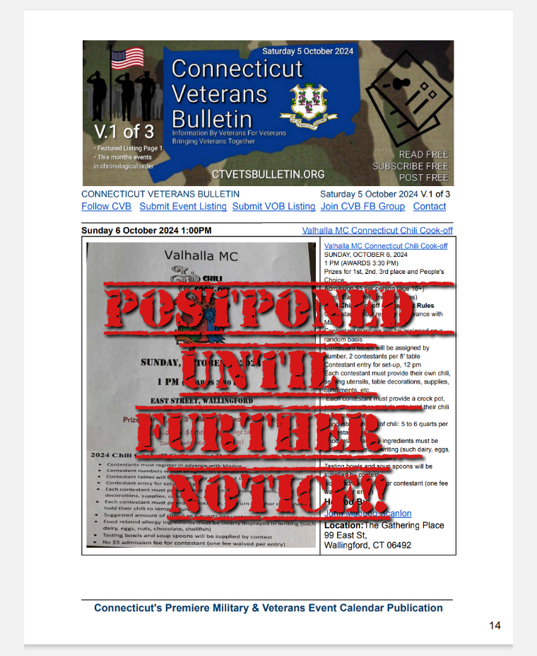 Valhalla MC Connecticut Chili Cook-off Postponed until further notice