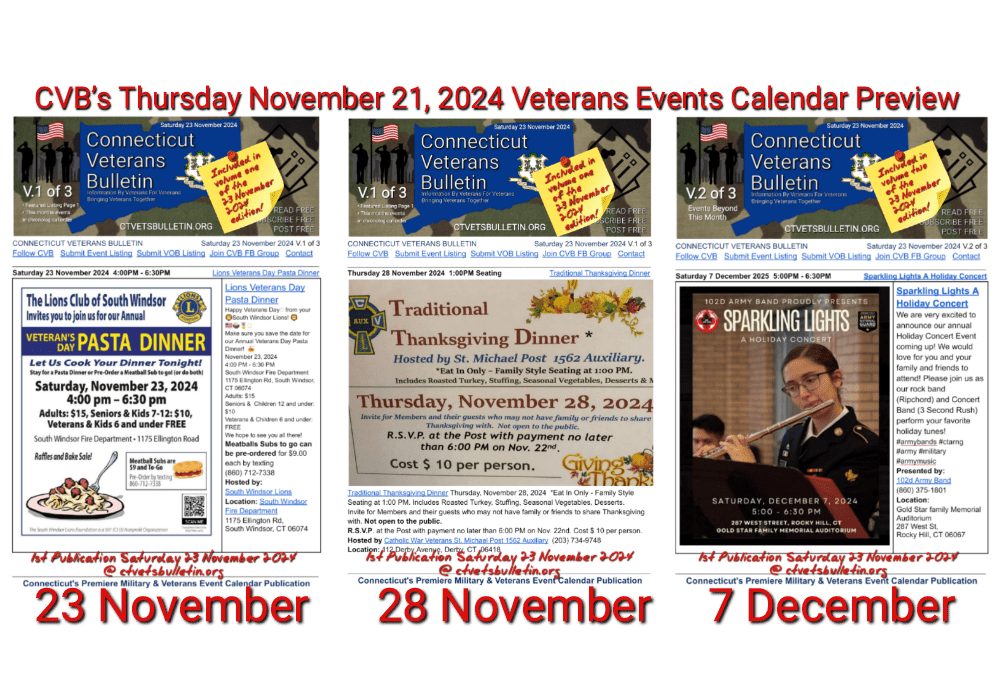 CVB’s Thursday November 21, 2024 Veterans Events Preview for the Upcoming Saturday Connecticut Veterans Calendar featured image