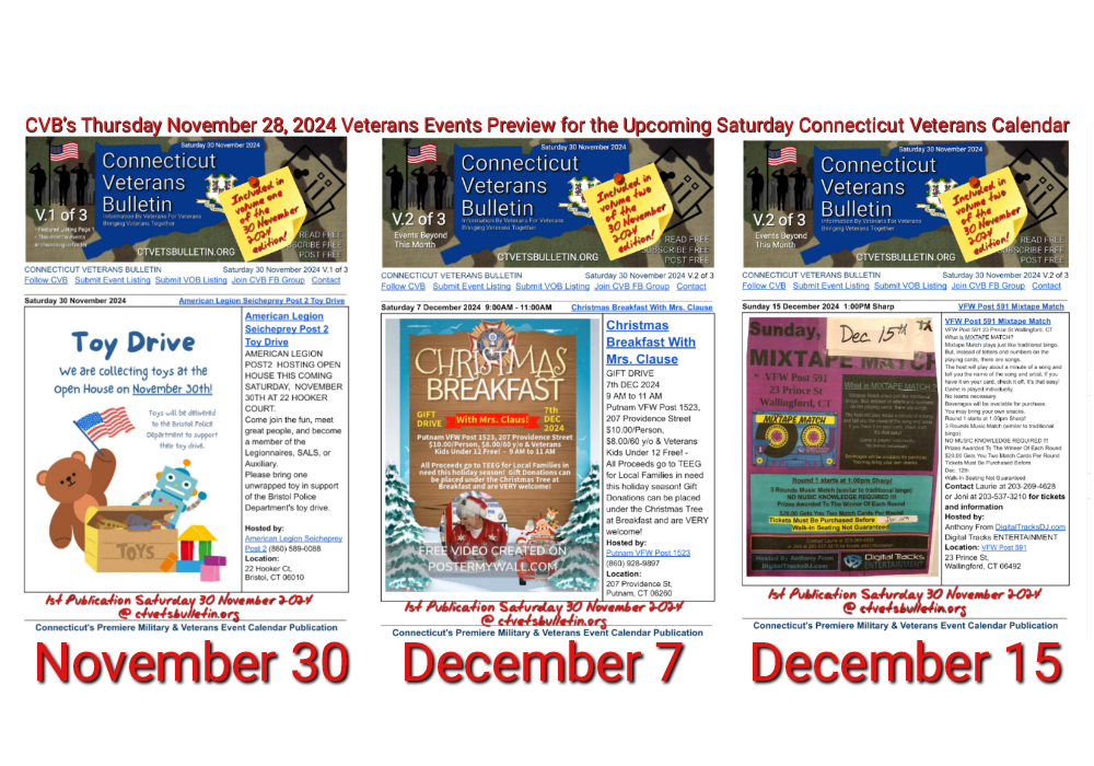 CVB’s Thursday November 28, 2024 Veterans Events Preview for the Upcoming Saturday Connecticut Veterans Calendar featured