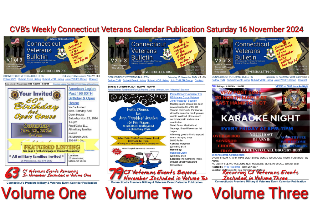 CVB's Weekly Connecticut Veterans Calendar Publication Saturday 16 November 2024 Featured Image