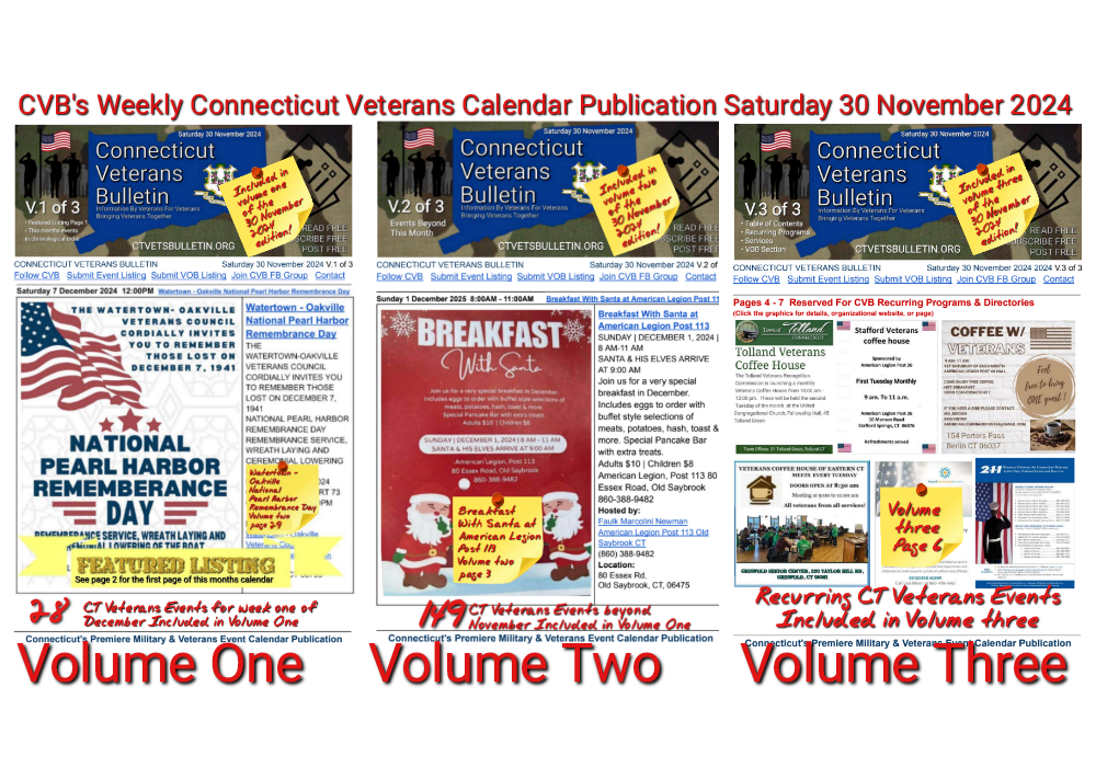 CVB's Weekly Connecticut Veterans Calendar Publication Saturday 30 November 2024 featured image
