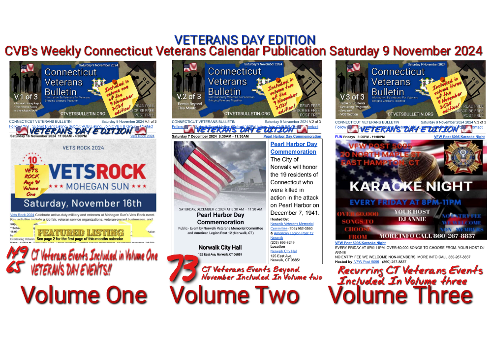 CVB's Weekly Connecticut Veterans Calendar Publication Saturday 9 November 2024 featured image