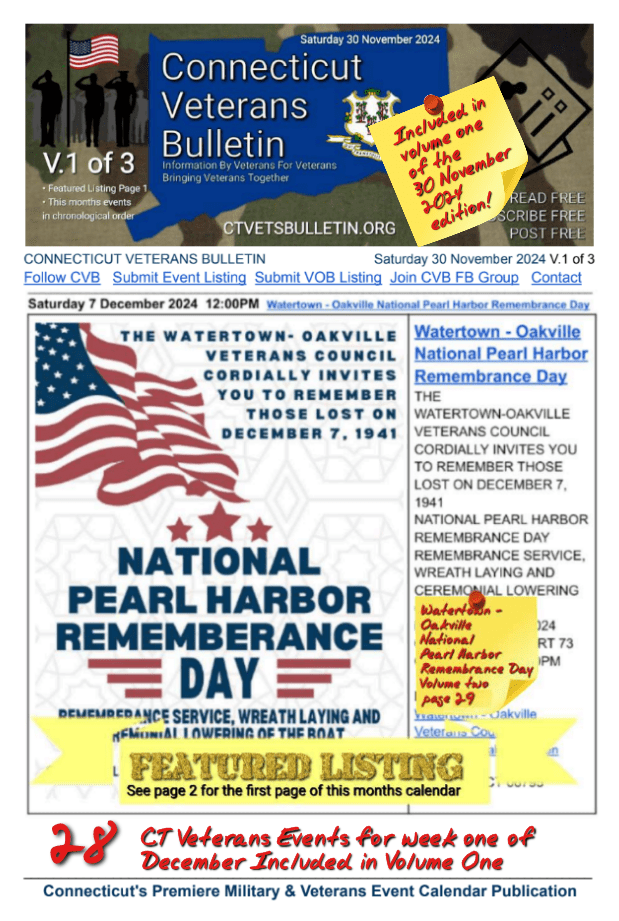 V1 CVB's Weekly Connecticut Veterans Calendar Publication Saturday 30 November 2024 featured listing Watertown - Oakville National Pearl Harbor Remembrance Day