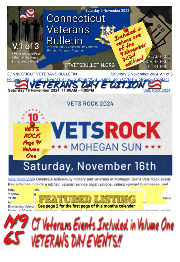 V1 CVB's Weekly Connecticut Veterans Calendar Publication Saturday 9 November 2024 featured listing