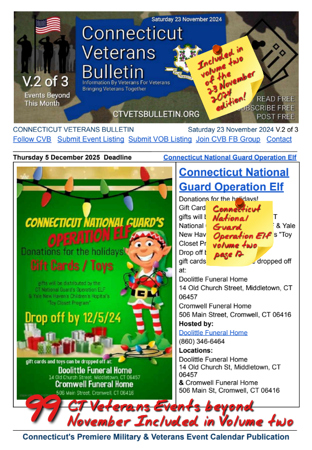 V2 CVB's Weekly Connecticut Veterans Calendar Publication Saturday 23 November 2024 Featured Listing Connecticut National Guard Operation Elf